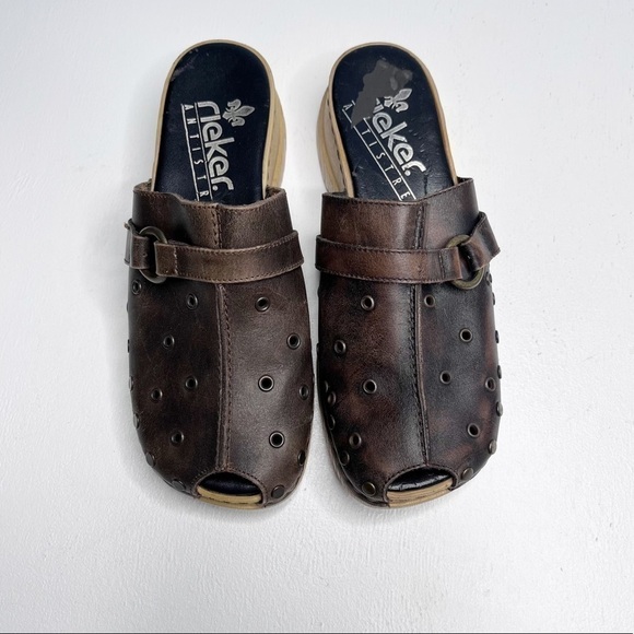 Rieker Brown Leather Studded peep toe Mules Sz 7 - Picture 2 of 6